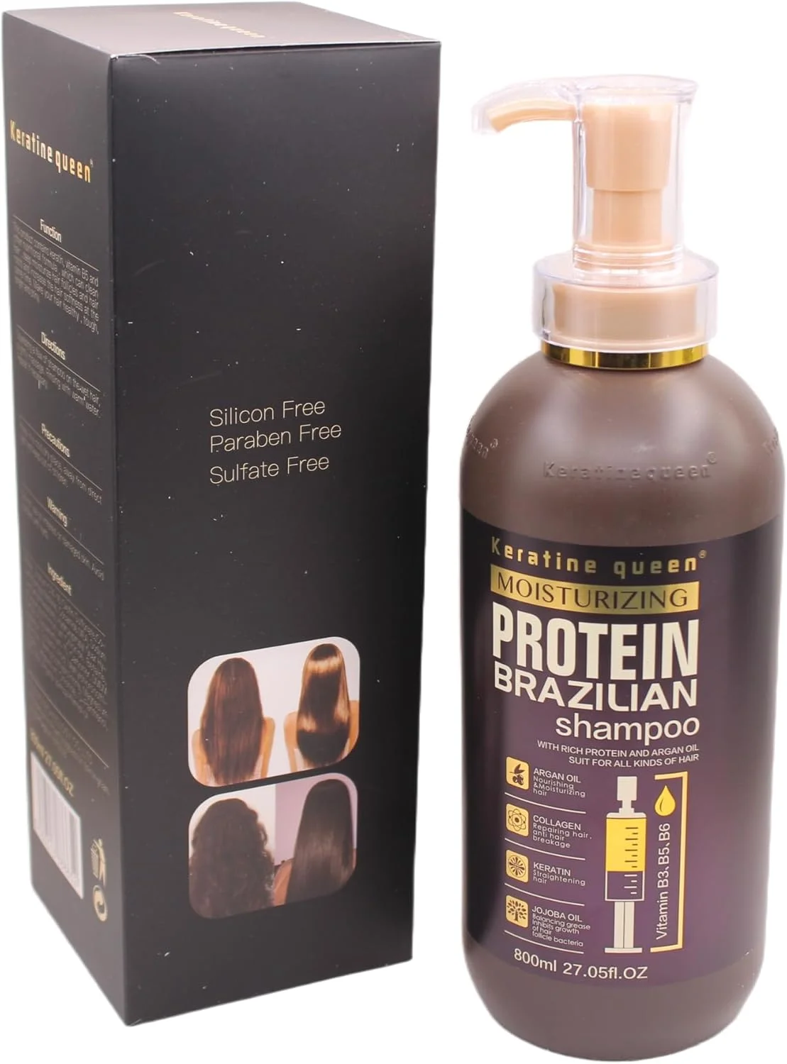 شامپو پروتئینه برزیلی کراتین کویین، مرطوب کننده حاوی روغن آرگان، 800 میلی لیتر، فاقد سیلیکون و پارابن