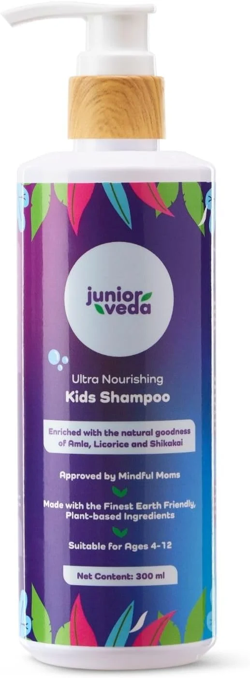 شامپو مغذی کودک جونیور ودا مناسب برای سنین 4 تا 12 سال | پاک کننده ملایم موی گیاهی برای کودکان | مناسب برای دختران و پسران، دارای pH متعادل، فاقد هرگونه سم | غنی شده با آملا، شیرین بیان و شیکاکای