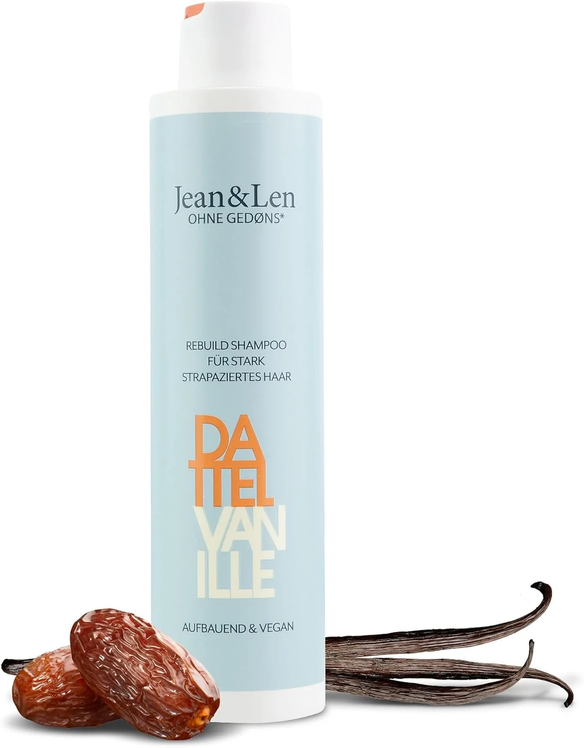 شامپو بازسازی کننده موهای آسیب دیده ژان اند لن با رایحه خرما و وانیل، موها را قوی تر و درخشان تر می کند، شامپو بدون سیلیکون و پارابن، وگان، 300 میلی لیتر