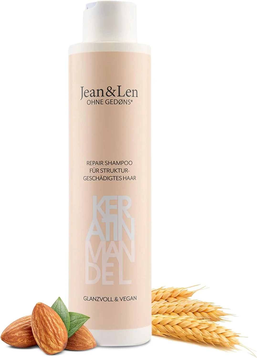 شامپو ترمیم کننده مو کراتین و بادام Jean & Len، برای موهای آسیب دیده و وز، ضد وز، برای موهایی با ظاهر سالم تر، فاقد پارابن و سیلیکون، وگان، 300 میلی لیتر
