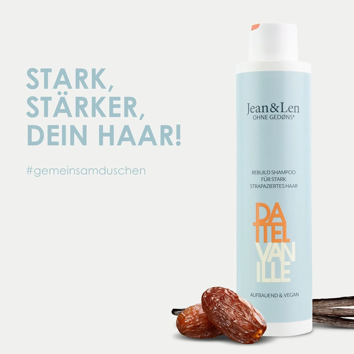 شامپو بازسازی کننده موهای آسیب دیده ژان اند لن با رایحه خرما و وانیل، موها را قوی تر و درخشان تر می کند، شامپو بدون سیلیکون و پارابن، وگان، 300 میلی لیتر