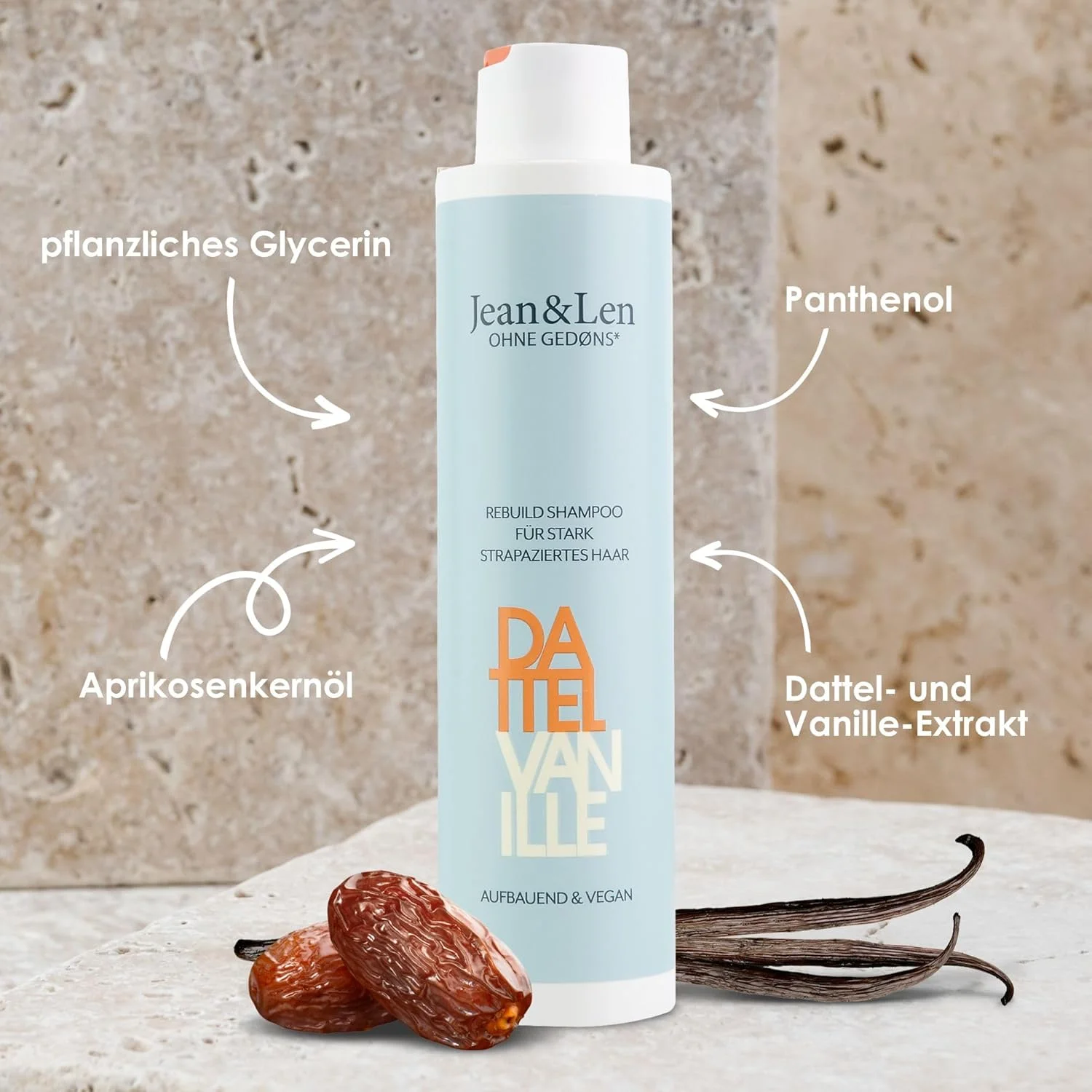 شامپو بازسازی کننده موهای آسیب دیده ژان اند لن با رایحه خرما و وانیل، موها را قوی تر و درخشان تر می کند، شامپو بدون سیلیکون و پارابن، وگان، 300 میلی لیتر