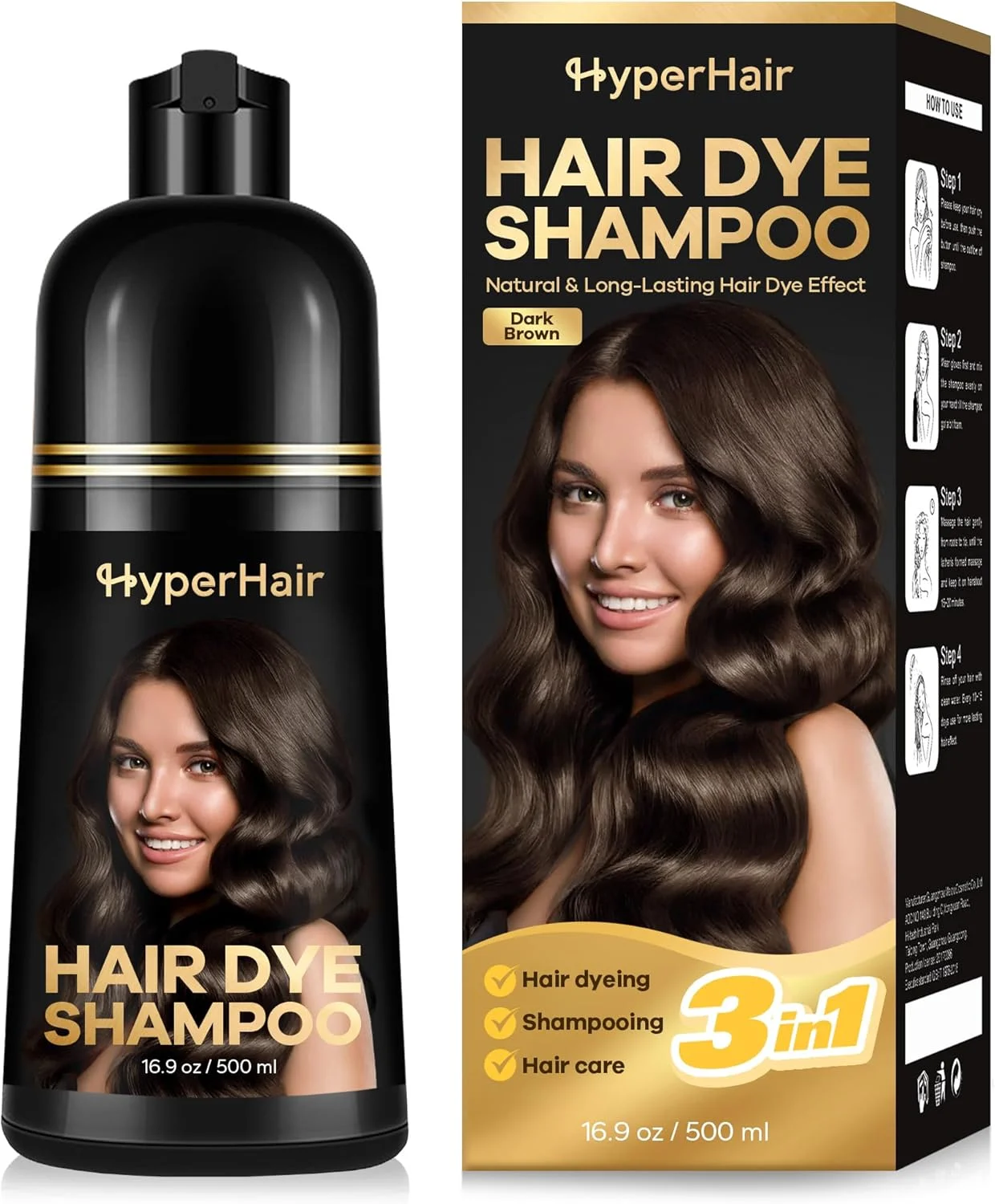 شامپو رنگ مو قهوه ای تیره HyperHair، شامپو برای موهای رنگ شده، شامپو رنگ مو 3 در 1، رنگ مو، شامپو برای موهای سفید برای زنان و مردان، ماندگاری و پوشش بالا