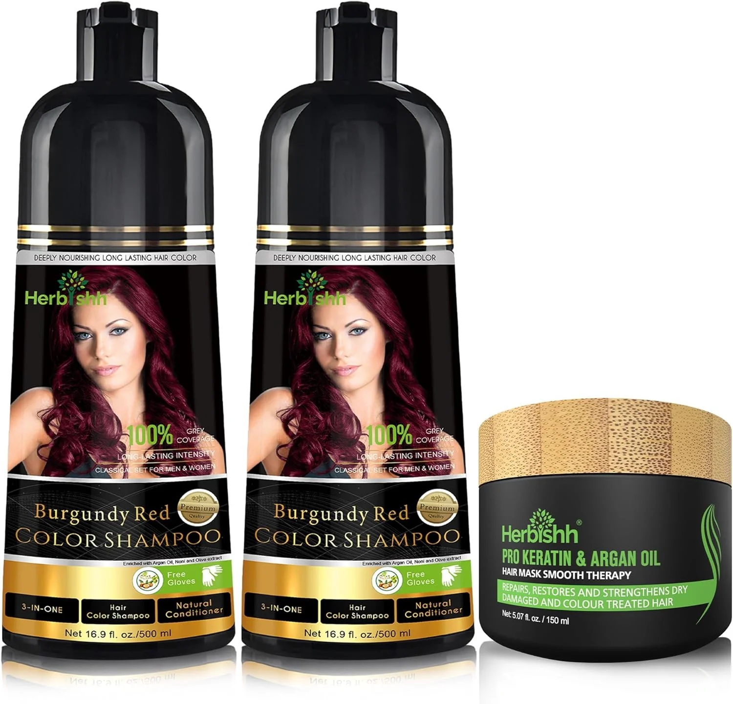 مجموعه ترکیبی هربیش – 2 عدد شامپو رنگ مو برای موهای سفید + 1 عدد ماسک موی آرگان اینتنس – شامپو رنگ مو – رنگ کردن مو در چند دقیقه – رنگ ماندگار – 500 میلی لیتر – تحریک موهای خشک و وز (شرابی)