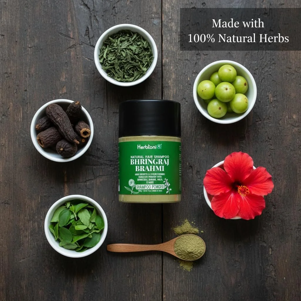 پودر شامپو برینگراج برهمی HerbtoniQ با مواد ارگانیک آملا، شیکاکای، هیبیسکوس و بسیاری دیگر | برای کاهش ریزش مو، کنترل شوره سر، کمک به رشد مو | محصول مشترک برای آقایان و بانوان | 500 گرم