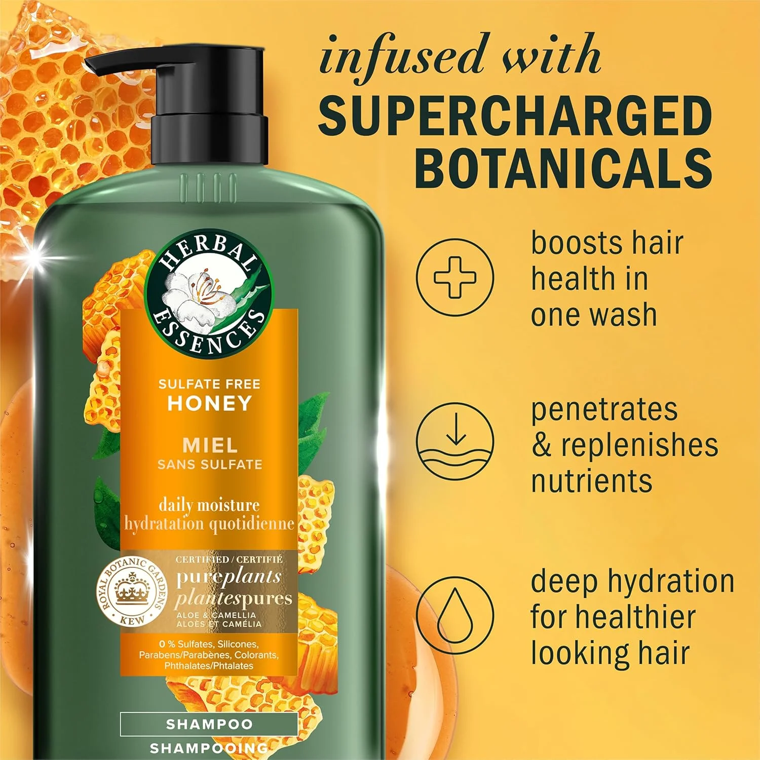 شامپو بدون سولفات هربال اسنسز با عصاره عسل برای رطوبت رسانی روزانه، تغذیه موهای خشک، شامپو مرطوب کننده با روغن کاملیا و آلوئه ورا، سبک برای انواع مو، 1 لیتر