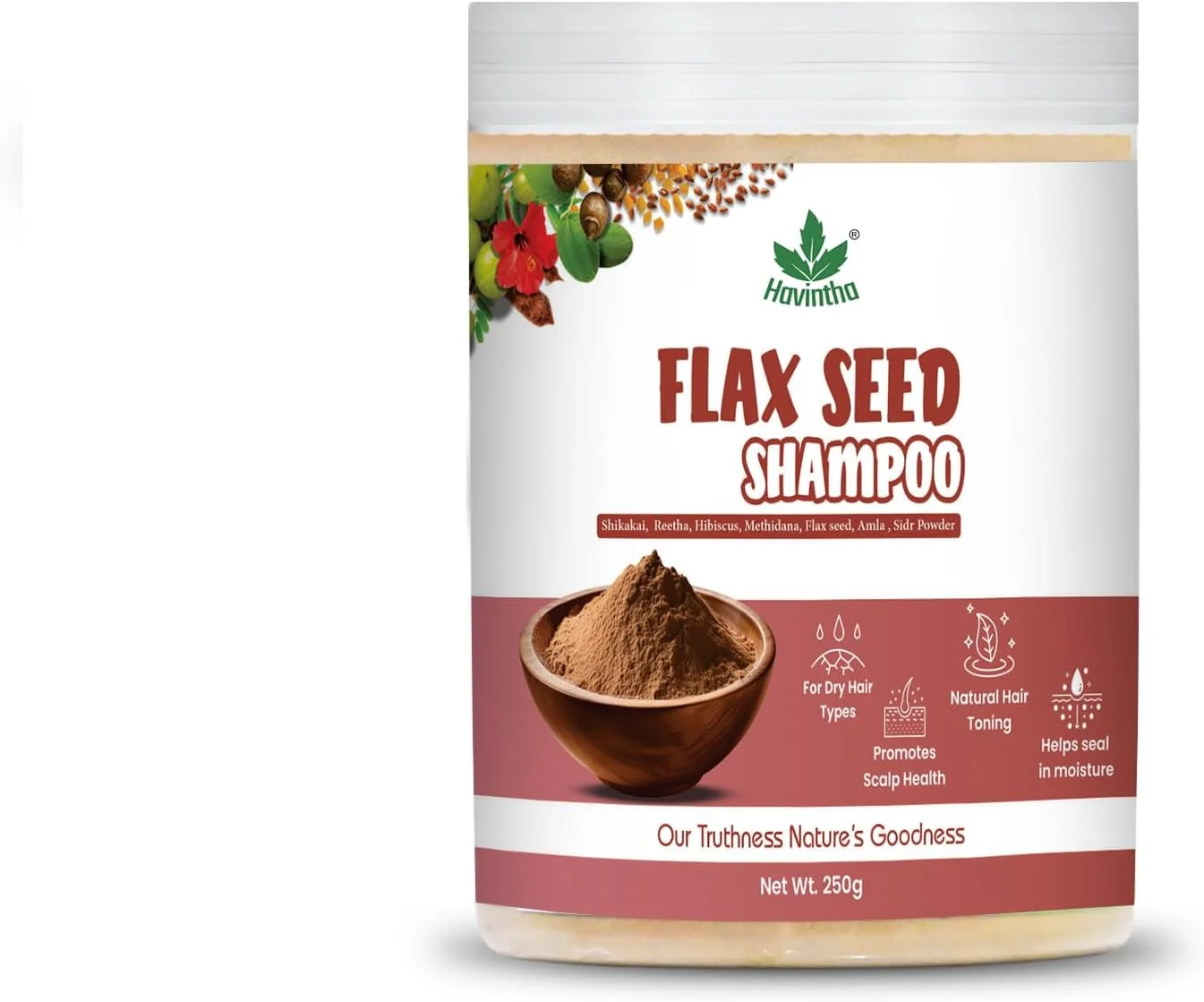 شامپو بذر کتان طبیعی هاوینتا با آملا، ریتا، شیکاکای، متی دانا، گل بامیه و پودر شیر برای موهای خشک - 227 گرم (تک بسته)