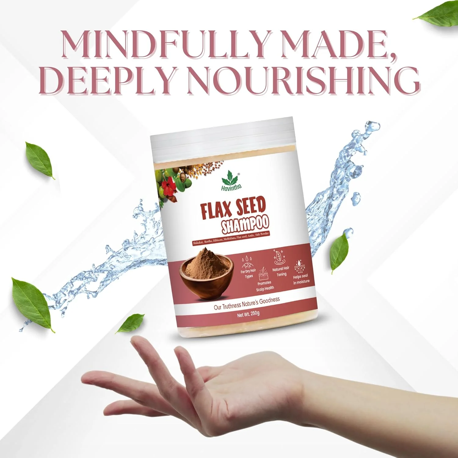 شامپو بذر کتان طبیعی هاوینتا با آملا، ریتا، شیکاکای، متی دانا، گل بامیه و پودر شیر برای موهای خشک - 227 گرم (تک بسته)