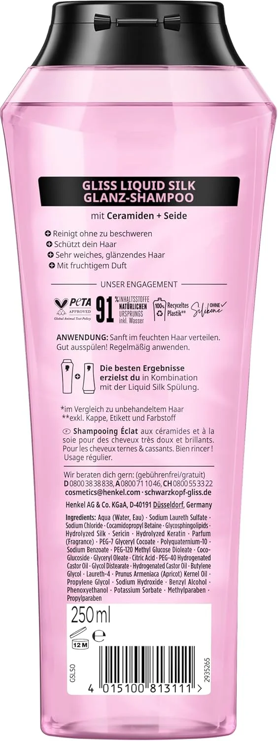 شامپو گلیس کور Liquid Silk (۲۵۰ میلی لیتر)، شامپو مو برای درخشش طبیعی، شامپو مغذی سطح مو را صاف می کند تا موهایی فوق العاده نرم داشته باشید