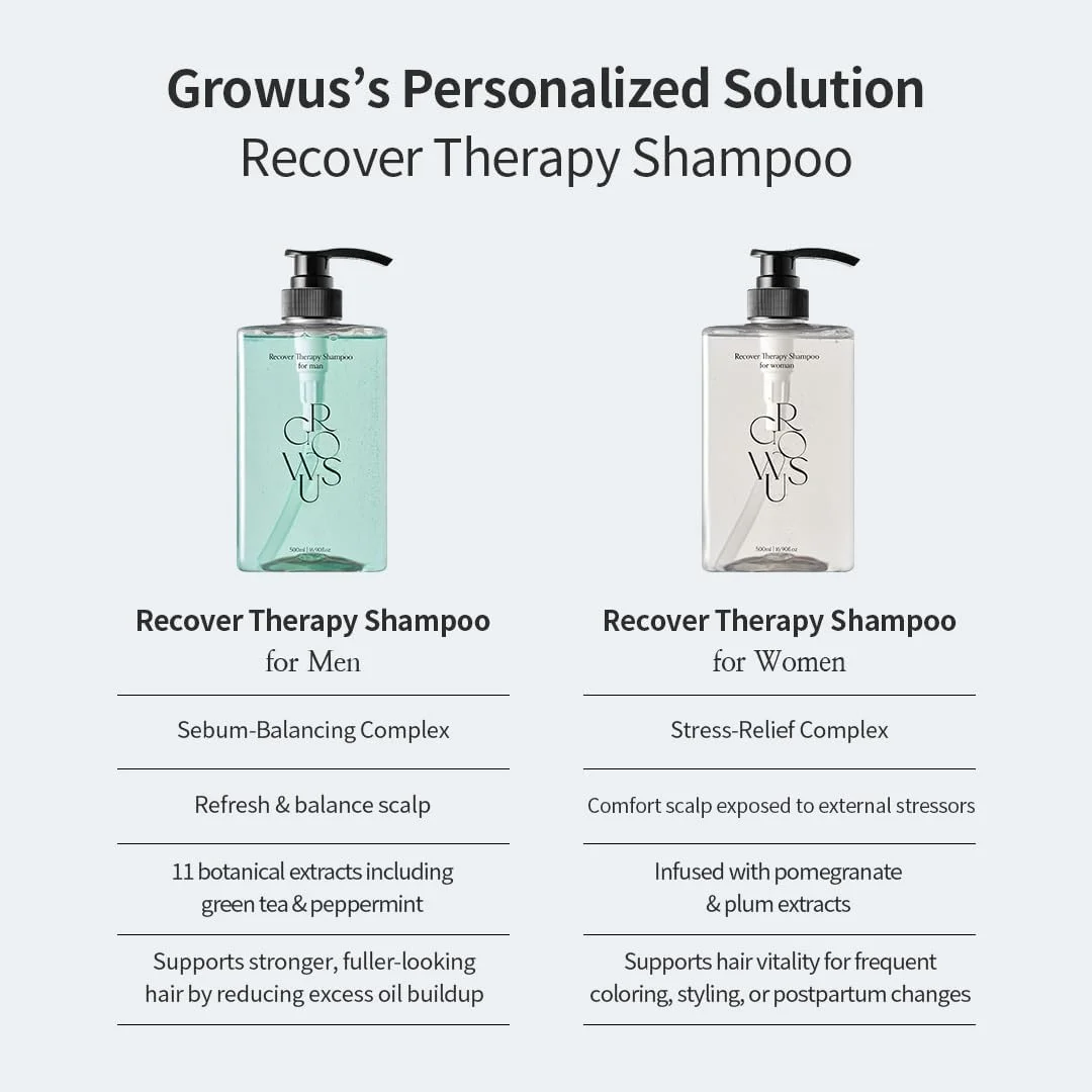 شامپو تقویت کننده مو GROWUS Recover Therapy برای آقایان - درخت چای، نعناع فلفلی، کنترل چربی پوست سر، تقویت کننده و فاقد پارابن و سولفات، شامپو ضد ریزش مو برای پوست سر خشک (500 میلی لیتر)