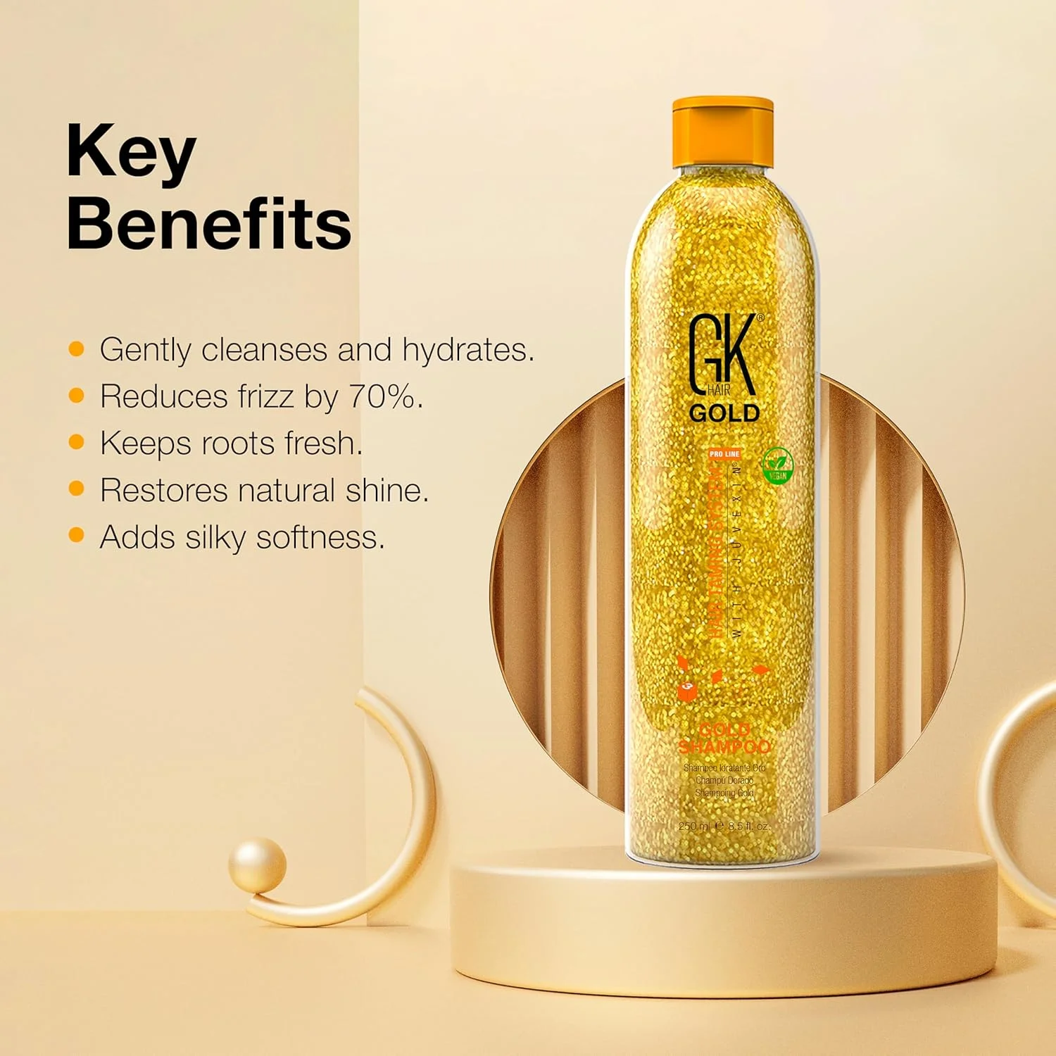 شامپو طلایی مو جی کی هیر گلوبال کراتین (250 میلی لیتر) آبرسان و درخشان کننده مو، محافظت از مو از اولین شستشو با روغن آرگان، شی باتر و روغن های طبیعی مناسب انواع مو