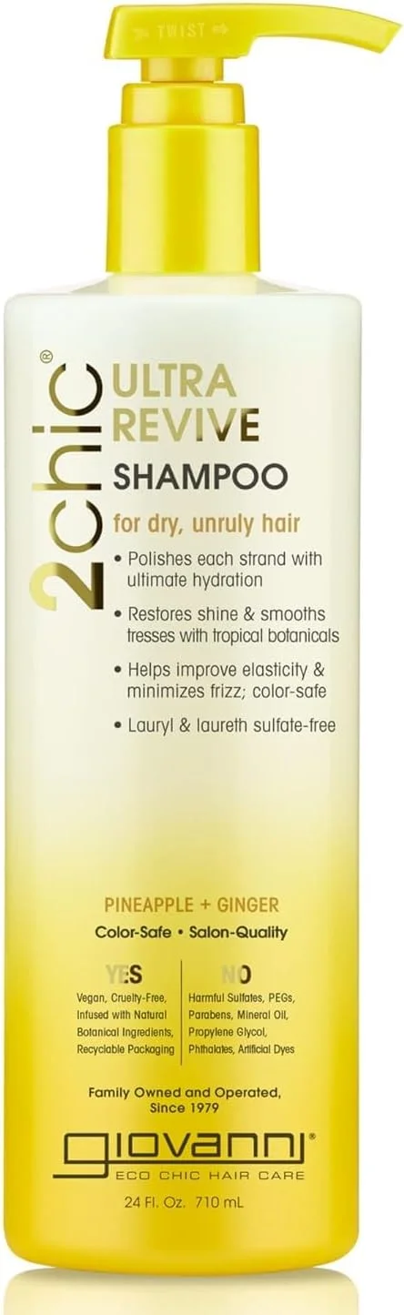 شامپو احیا کننده فوق العاده موهای خشک و وز جووانی 2chic - آناناس و زنجبیل، حاوی نارگیل، گواوا، آلوئه ورا، پرو ویتامین B5، بدون سولفات لوریل و لورت، بدون پارابن، محافظ رنگ مو - 710 میلی لیتر