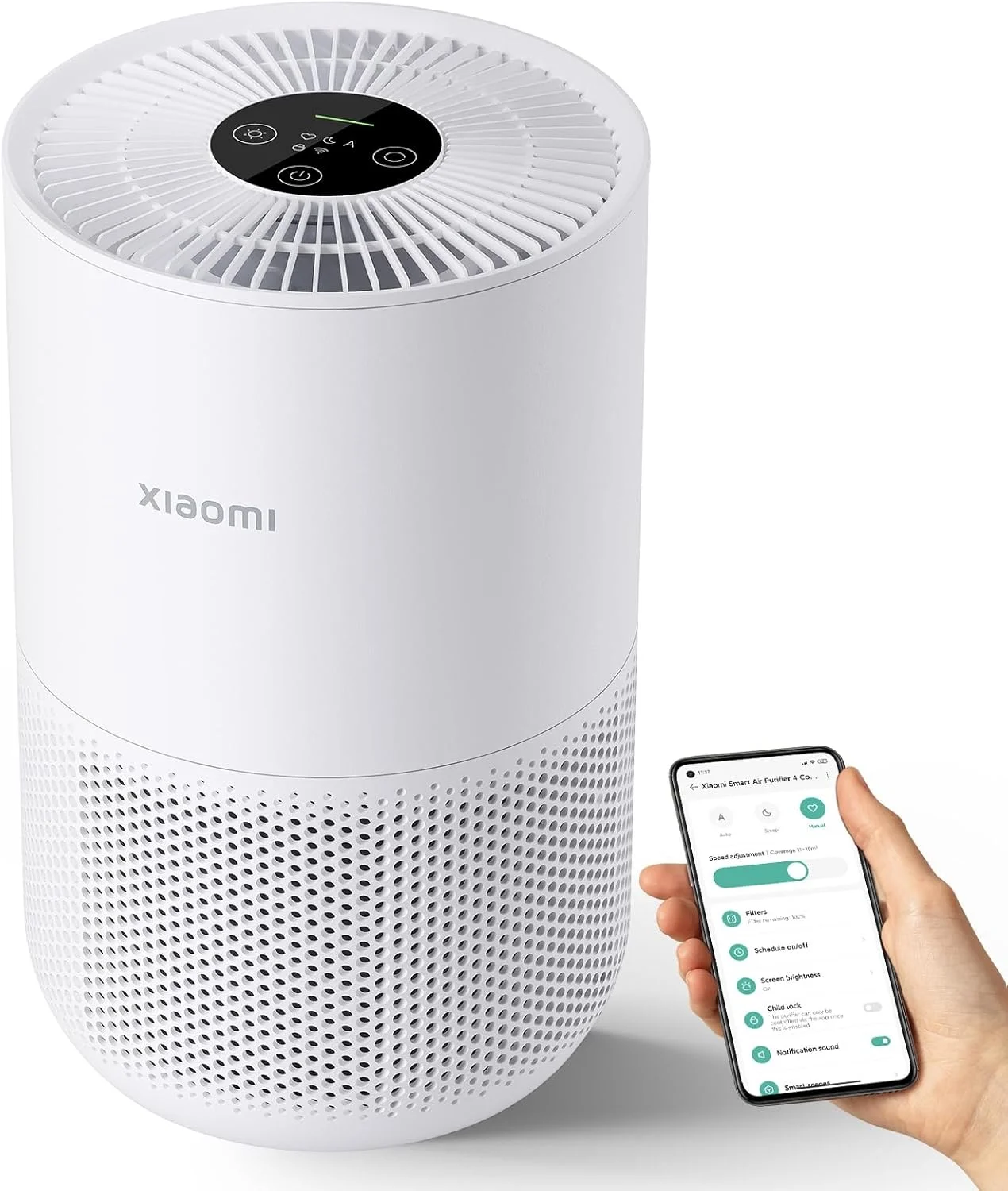 دستگاه تصفیه هوای شیائومی مدل Mi Air Purifier 4 Compact، دارای سیستم فیلتر 3 مرحله ای True HEPA H13 که 99.97% آلاینده ها را تا اندازه 0.3 میکرون حذف می کند، دارای قابلیت اتصال به خانه هوشمند، عملکرد فوق العاده کم صدا، مصرف تنها 0.9 کیلووات در روز، دارای صفحه نمایش لمسی OLED
