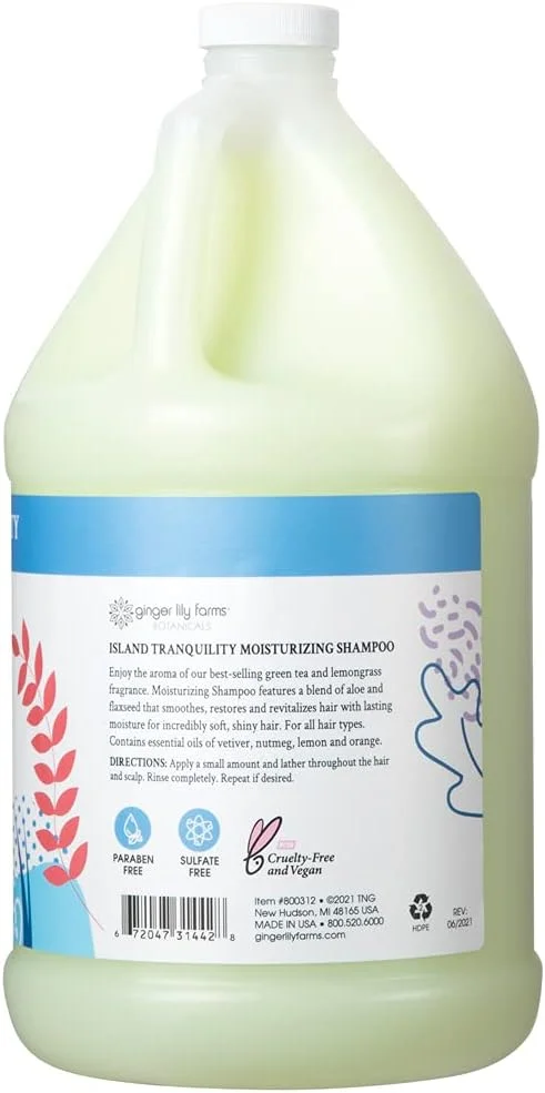 شامپو مرطوب کننده گیاهی زنجبیل لیلی فارم برای انواع مو، آرامش جزیره، 100% وگان و بدون تست حیوانی، رایحه چای سبز و علف لیمو، حجم 1 گالن (128 fl oz)