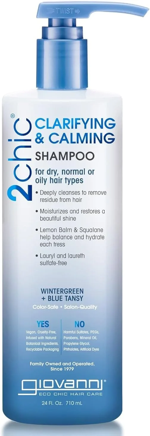 شامپو پاک کننده و آرامش بخش مو جیووانی 2chic - شامپو پاک کننده برای رفع تجمع آلودگی، کمک به حذف رسوبات، تعادل و آبرسانی با بادرنجبویه و اسکوالان، بدون سولفات - وینترگرین و تانسی آبی، 710 میلی لیتر