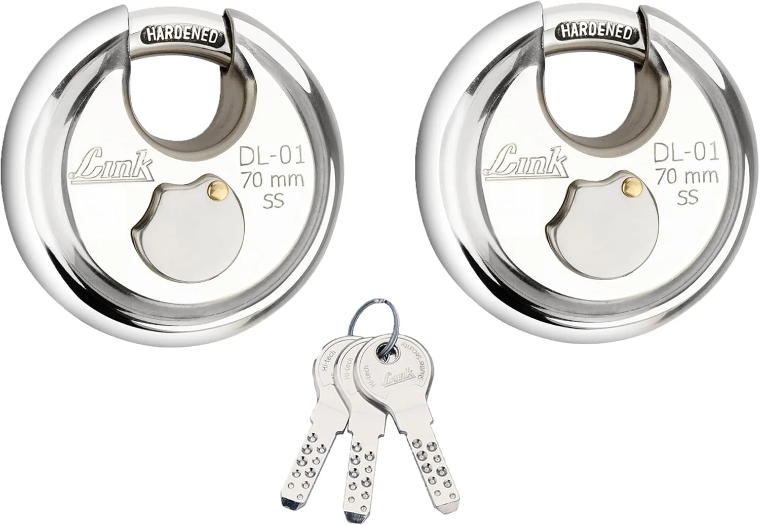 قفل دیسکی استیل لینک 70 میلی متری گرد با حلقه سخت شده و 3 کلید معمولی | قفل برای درب اصلی | قفل دروازه | قفل برای کرکره | ست قفل کلید معمولی (نقره ای، بسته 2 عددی)، صفحه کلید