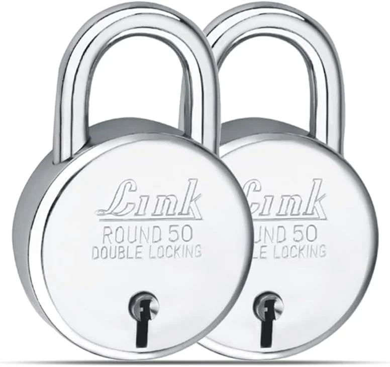 قفل گرد 50 میلی متری جدید Link® | بدنه فولادی | اهرم آهنی | قفل دوبل | 50000 ترکیب کلید | 3 کلید نقره ای برای هر قفل (بسته 2 عددی)