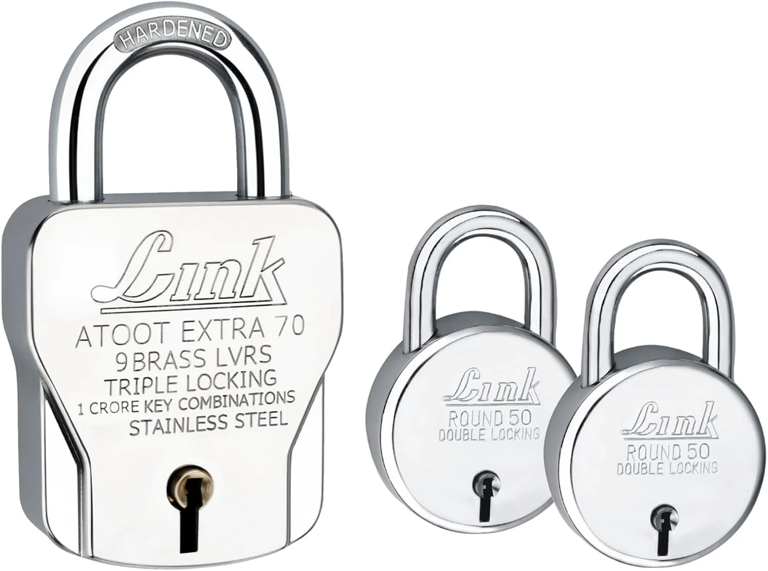 قفل آویز 70 میلی متری Link® Atoot Extra، حلقه سخت کاری شده، 3 کلید نقره ای با جاکلیدی (با خرید 1 عدد، 2 عدد قفل آویز گرد 50 میلی متری جدید هدیه بگیرید) ساخت هند (بسته 3 عددی)