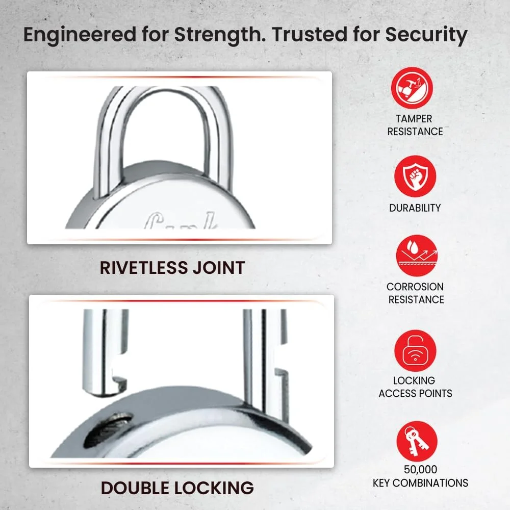 قفل گرد 50 میلی متری جدید Link® | بدنه فولادی | اهرم آهنی | قفل دوبل | 50000 ترکیب کلید | 3 کلید نقره ای برای هر قفل (بسته 2 عددی)