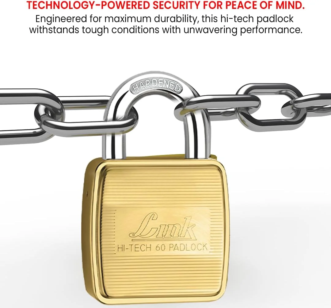 قفل برنجی مربعی 60 میلی متری Hi-Tech Link | بدنه برنجی | حلقه سخت کاری شده | قفل دو طرفه (طلایی) بسته 1 عددی