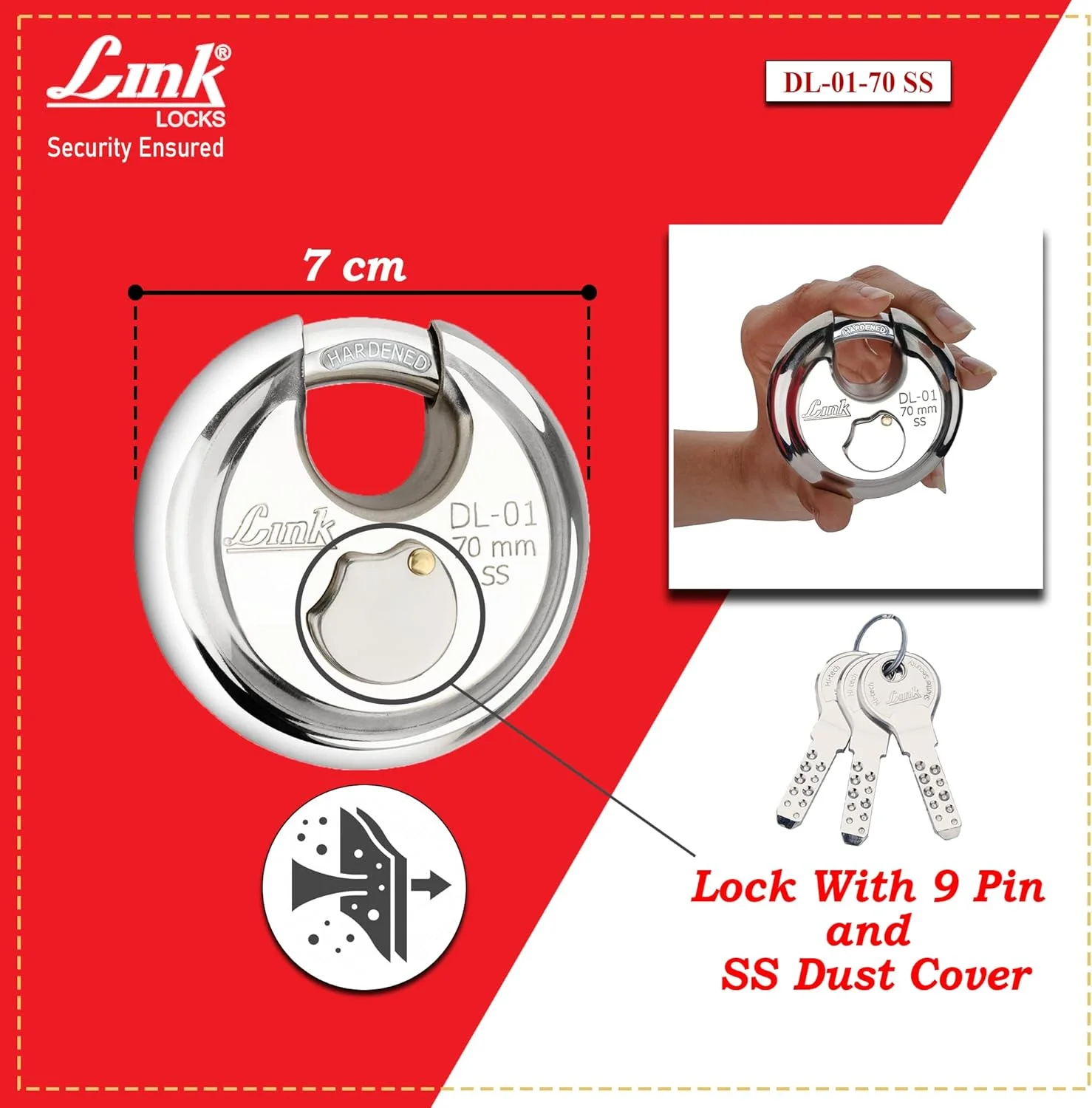 قفل دیسکی استیل لینک 70 میلی متری گرد با حلقه سخت شده و 3 کلید معمولی | قفل برای درب اصلی | قفل دروازه | قفل برای کرکره | ست قفل کلید معمولی (نقره ای، بسته 2 عددی)، صفحه کلید