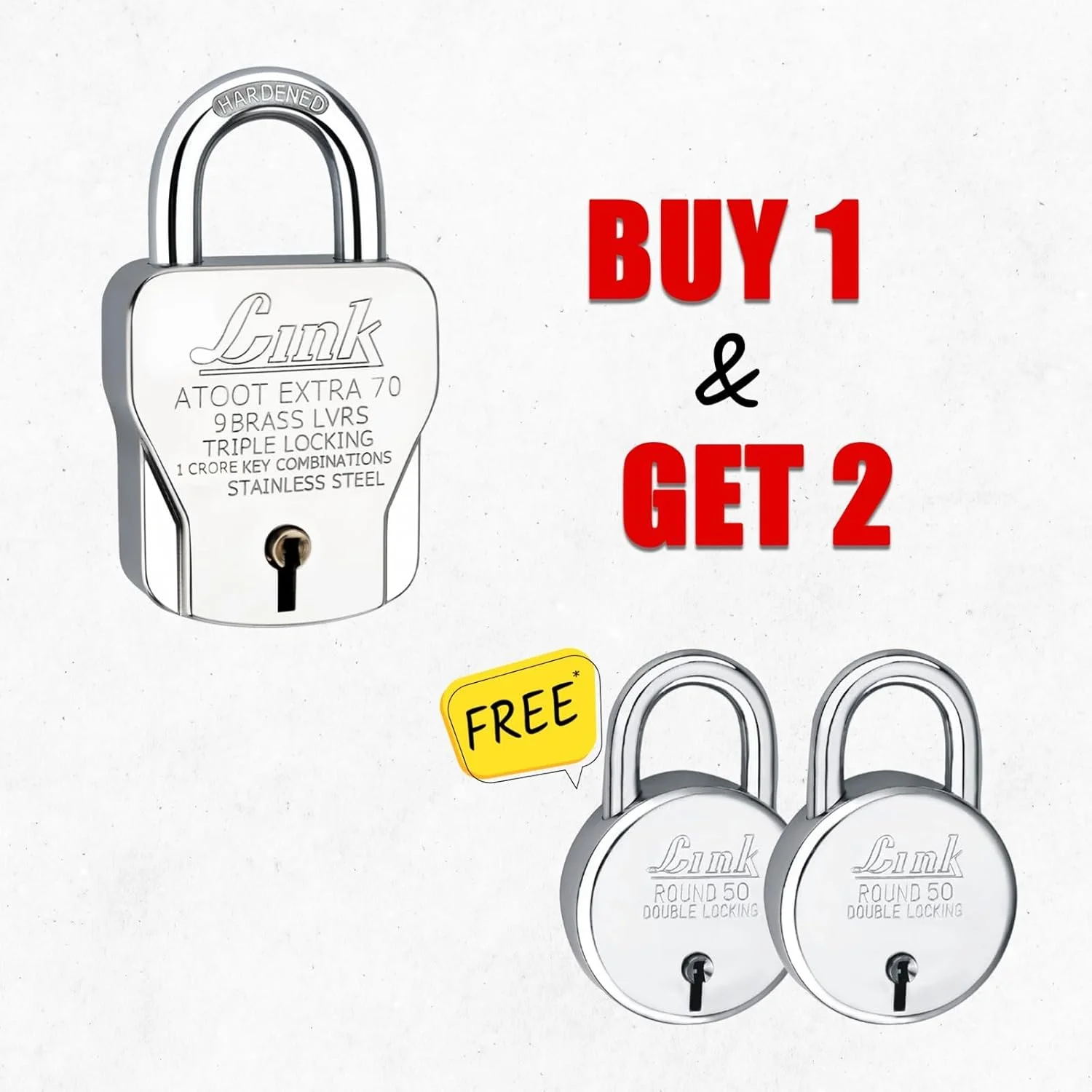 قفل آویز 70 میلی متری Link® Atoot Extra، حلقه سخت کاری شده، 3 کلید نقره ای با جاکلیدی (با خرید 1 عدد، 2 عدد قفل آویز گرد 50 میلی متری جدید هدیه بگیرید) ساخت هند (بسته 3 عددی)