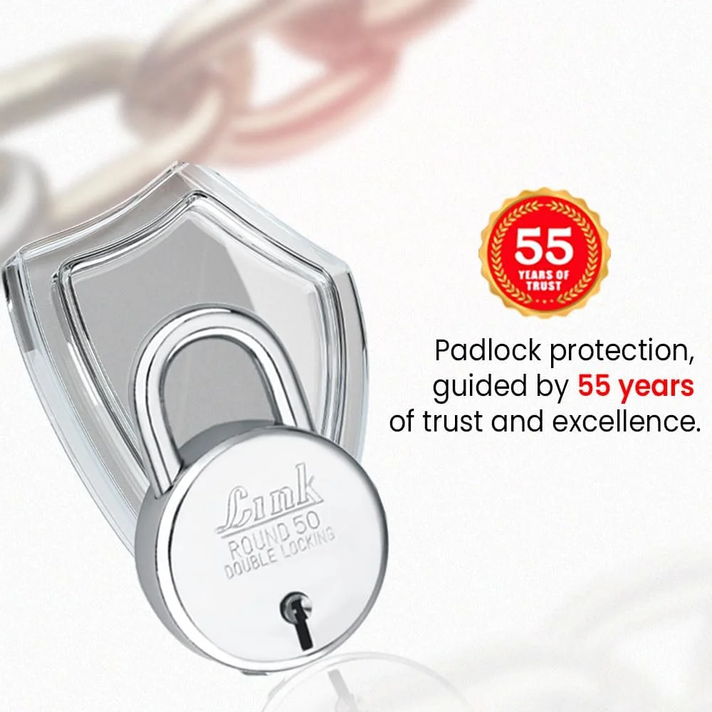 قفل گرد 50 میلی متری جدید Link® | بدنه فولادی | اهرم آهنی | قفل دوبل | 50000 ترکیب کلید | 3 کلید نقره ای برای هر قفل (بسته 2 عددی)