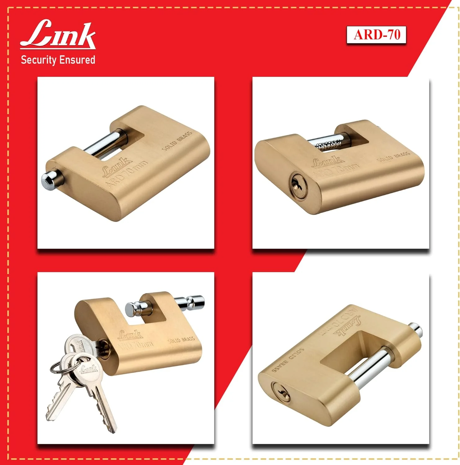 قفل کتابی 70 میلی متری زرهی با حلقه سخت شده | بدنه برنجی جامد با 3 کلید برنجی