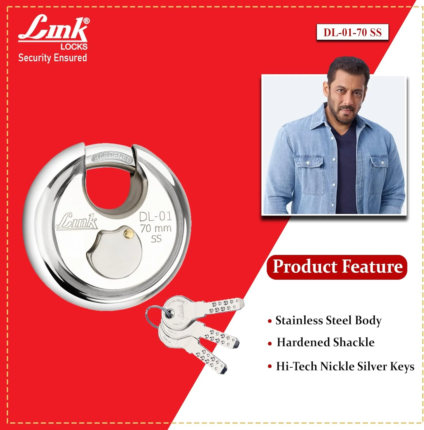 قفل دیسکی استیل لینک 70 میلی متری گرد با حلقه سخت شده و 3 کلید معمولی | قفل برای درب اصلی | قفل دروازه | قفل برای کرکره | ست قفل کلید معمولی (نقره ای، بسته 2 عددی)، صفحه کلید