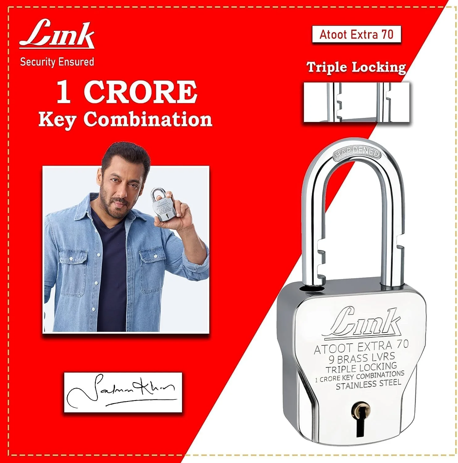 قفل آویز 70 میلی متری Link® Atoot Extra، حلقه سخت کاری شده، 3 کلید نقره ای با جاکلیدی (با خرید 1 عدد، 2 عدد قفل آویز گرد 50 میلی متری جدید هدیه بگیرید) ساخت هند (بسته 3 عددی)