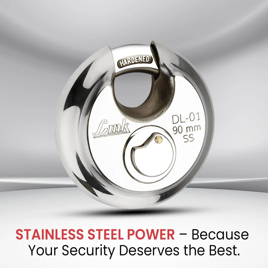 قفل دیسکی زنجیری 90 میلی‌متری | بدنه استیل ضد زنگ | حلقه سخت کاری شده | 3 کلید نقره ای با نیکل با تکنولوژی بالا | 1 قفل | ساخت هند | یک جا کلیدی رایگان هدیه بگیرید