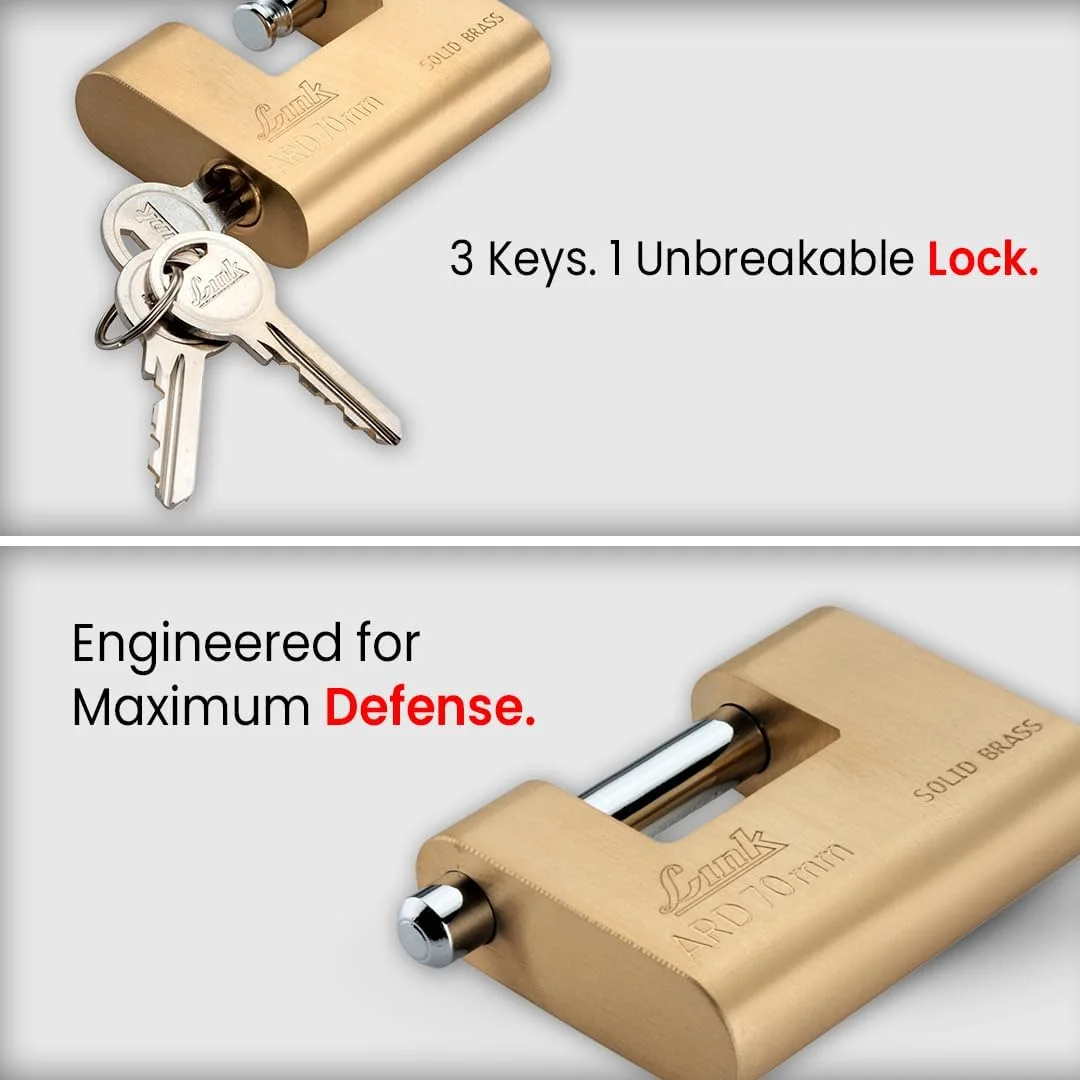 قفل کتابی 70 میلی متری زرهی با حلقه سخت شده | بدنه برنجی جامد با 3 کلید برنجی