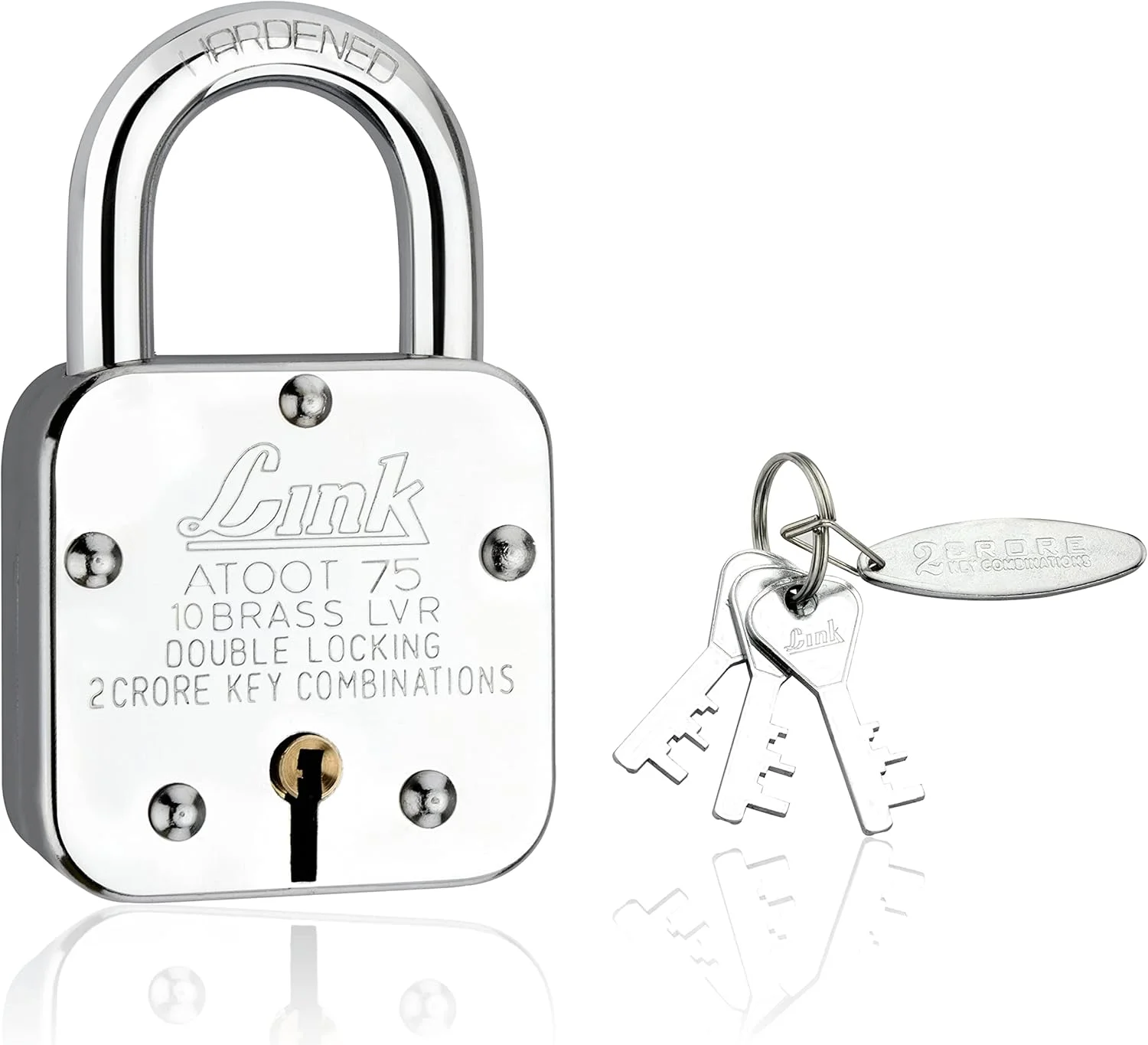قفل 75 میلی‌متری Link® Atoot | 2 کرور ترکیب کلید | بدنه استیل ضد زنگ | حلقه سخت کاری شده | 10 اهرم برنجی | ساخت هند | 1 قفل و 3 کلید نقره ای | دریافت 1 جا کلیدی رایگان