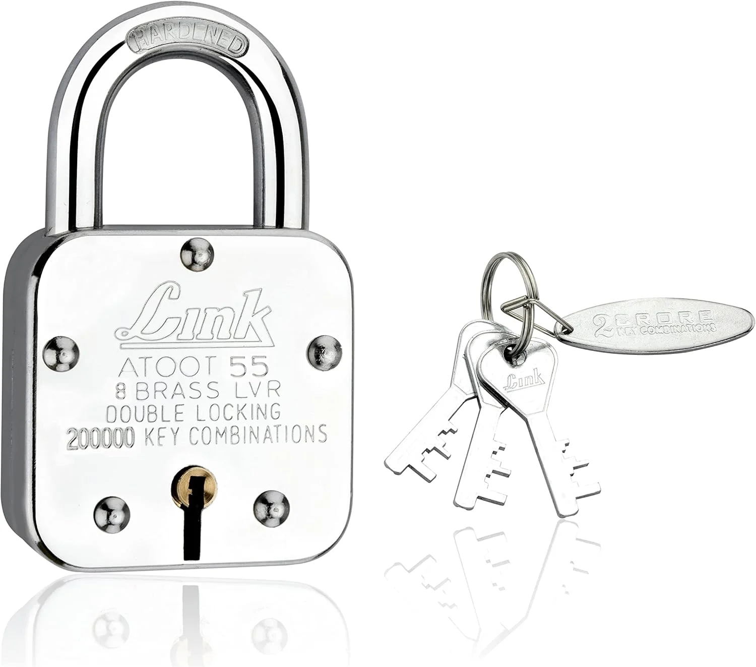 قفل 55 میلی‌متری Link® Atoot | 200 هزار ترکیب کلید | بدنه فولادی | حلقه سخت کاری شده | 8 اهرم برنجی | ساخت هند | 1 قفل و 3 کلید نقره‌ای با جا کلیدی