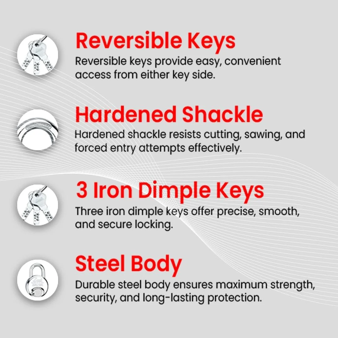 قفل گرد 65 میلی متری Link Hi-Tech | بدنه استیل ضد زنگ | حلقه سخت کاری شده | 1 قفل | 3 کلید آهنی با نیکل Hi-Tech | 1 جاکلیدی رایگان