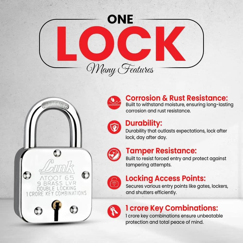 قفل آویز 65 میلیمتری Link® Atoot | 1 کرور ترکیب کلید | بدنه فولادی | حلقه سخت کاری شده | 9 اهرم برنجی | ساخت هند | 1 قفل 3 کلید نقرهای | 1 جا کلیدی رایگان قفل آویز 65 میلیمتری Link® Atoot | 1 کرور ترکیب کلید | بدنه فولادی | حلقه سخت کاری شده | 9 اهرم برنجی | ساخت هند | 1 قفل 3 کلید نقرهای | 1 جا کلیدی رایگان
