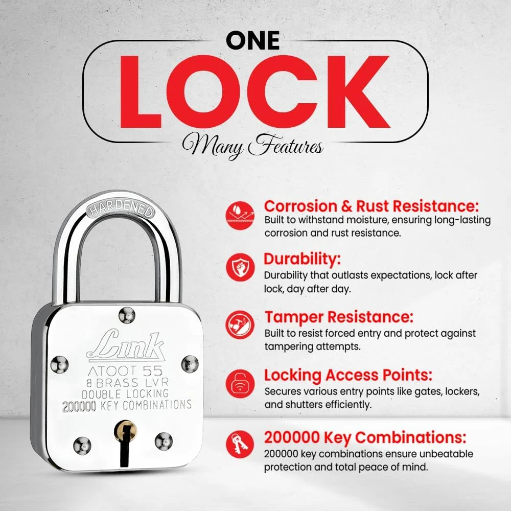 قفل 55 میلی‌متری Link® Atoot | 200 هزار ترکیب کلید | بدنه فولادی | حلقه سخت کاری شده | 8 اهرم برنجی | ساخت هند | 1 قفل و 3 کلید نقره‌ای با جا کلیدی