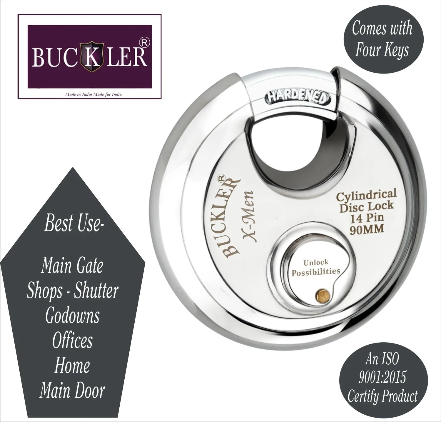 قفل کرکره استیل باکلر برای درب اصلی، قفل درب، کرکره مغازه، کامیون ها با امنیت بالا و طراحی مقاوم در برابر آب و هوا، قفل 14 پین 90 میلی متری (قفل دیسکی 90 میلی متری - 2 عدد)