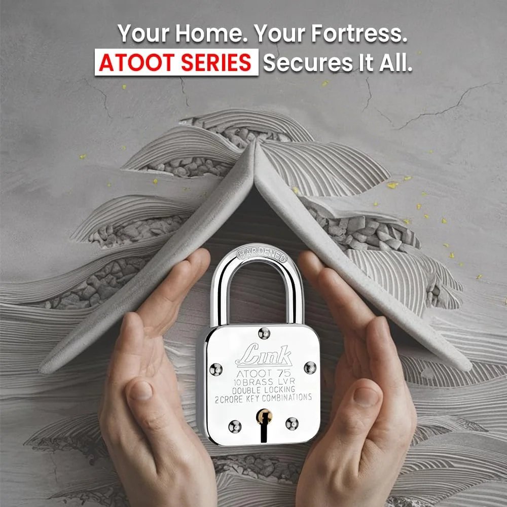 قفل 75 میلی‌متری Link® Atoot | 2 کرور ترکیب کلید | بدنه استیل ضد زنگ | حلقه سخت کاری شده | 10 اهرم برنجی | ساخت هند | 1 قفل و 3 کلید نقره ای | دریافت 1 جا کلیدی رایگان