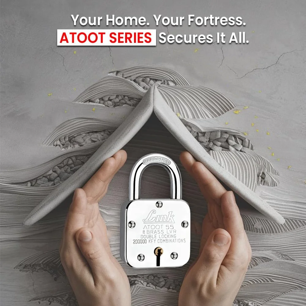قفل 55 میلی‌متری Link® Atoot | 200 هزار ترکیب کلید | بدنه فولادی | حلقه سخت کاری شده | 8 اهرم برنجی | ساخت هند | 1 قفل و 3 کلید نقره‌ای با جا کلیدی