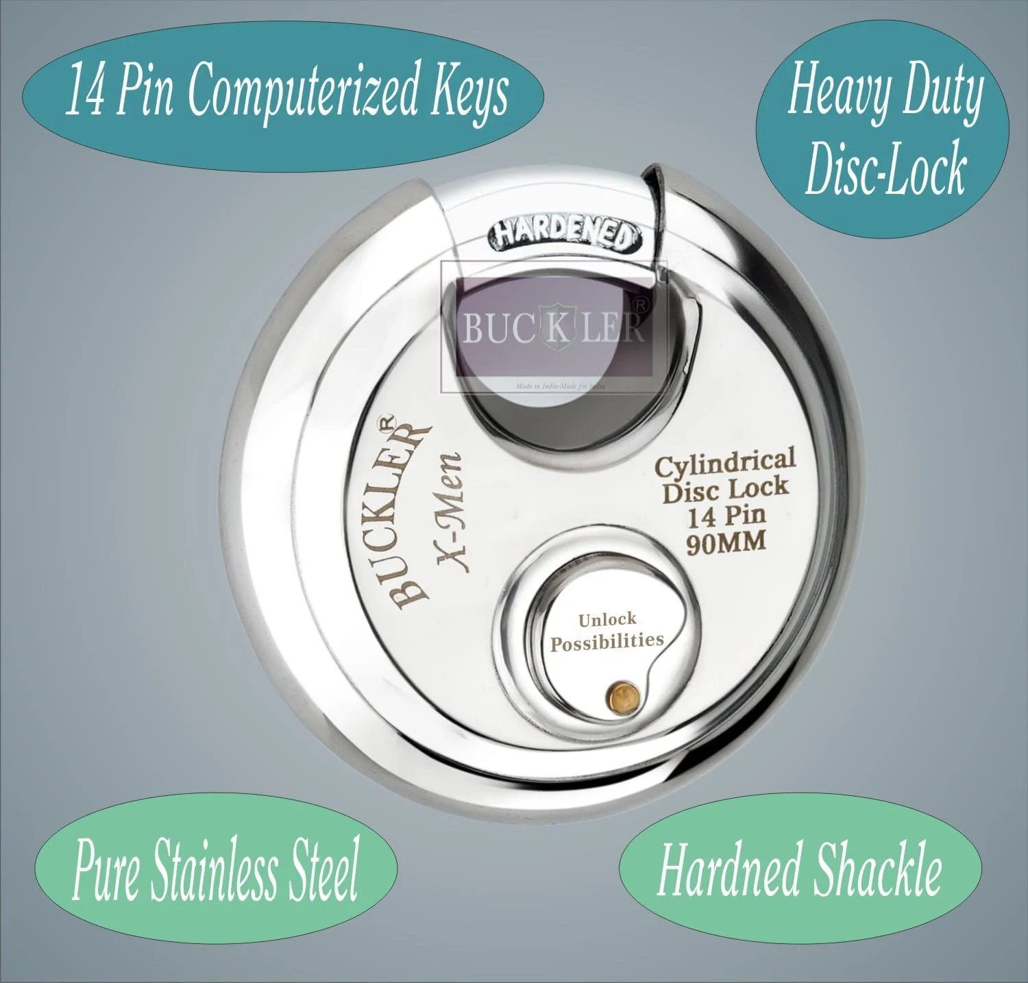 قفل کرکره استیل باکلر برای درب اصلی، قفل درب، کرکره مغازه، کامیون ها با امنیت بالا و طراحی مقاوم در برابر آب و هوا، قفل 14 پین 90 میلی متری (قفل دیسکی 90 میلی متری - 2 عدد)