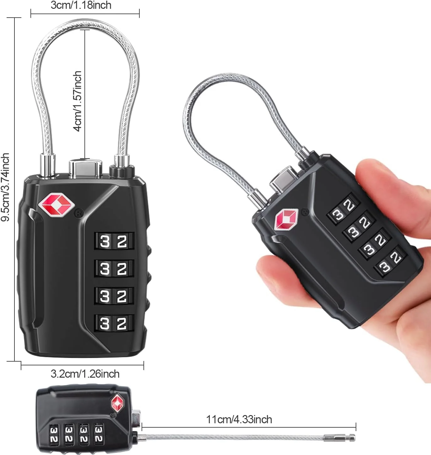 قفل چمدان TSA تی ترسلی، قفل امنیتی 4 رقمی چمدان، قفل ترکیبی برای چمدان ها کابل انعطاف پذیر قفل مسافرتی، قفل چمدان مورد تایید TSA