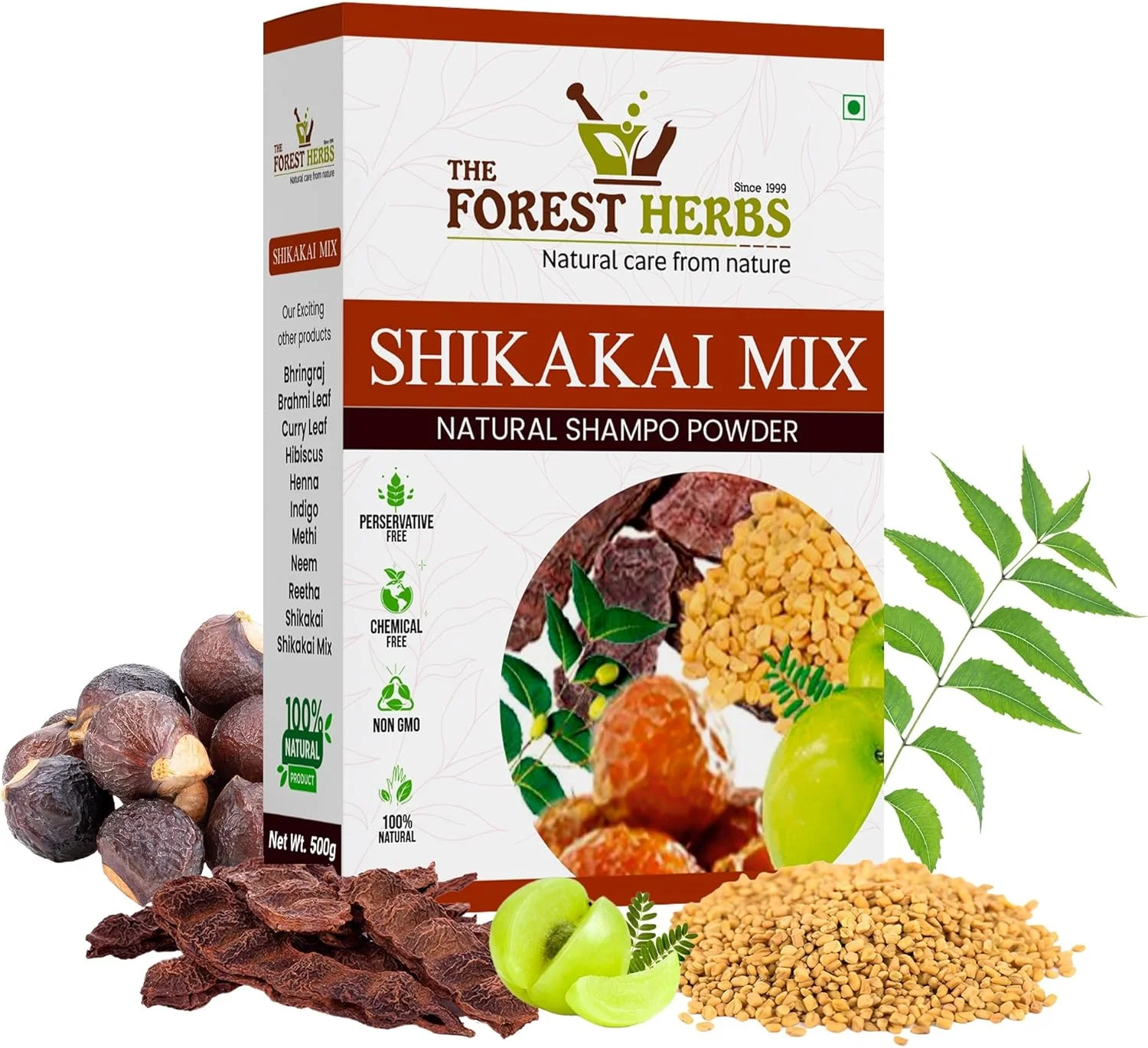 THE FOREST HERBS مراقبت طبیعی از طبیعت گیاهان دارویی پودر مخلوط ۱۰۰% ارگانیک شیکاکای با آملا، ریتا، برینگراج، هیبیسکوس، نیم برای شستشوی مو (شامپو خشک) - 500 گرم