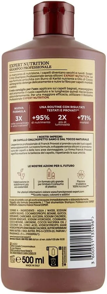 شامپو تخصصی تغذیه موهای خشک فرانک پروو، اثر مغذی با شی باتر و روغن نارگیل 500 میلی لیتر