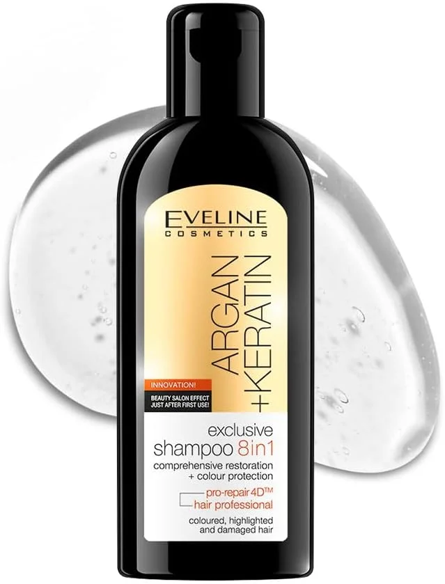 شامپو 8 در 1 آرگان و کراتین Eveline Cosmetics | ایده آل برای موهای رنگ شده، هایلایت شده و آسیب دیده | 150 میلی لیتر