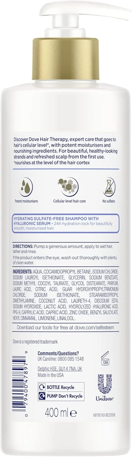 شامپو Dove Hair Therapy Hydration Spa برای موهای خشک حاوی سرم هیالورونیک، 400 میلی لیتر