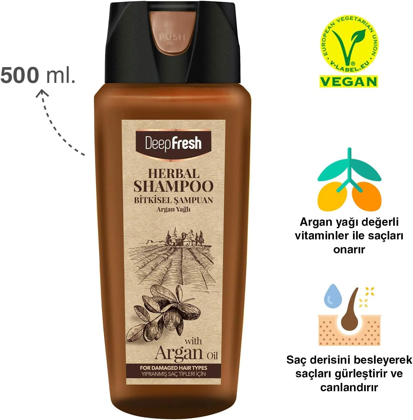 شامپو گیاهی دیپ فرش با عصاره روغن آرگان - مناسب برای انواع موهای آسیب دیده - فاقد الکل، فاقد پارابن، حاوی عصاره روغن آرگان 500 میلی لیتر