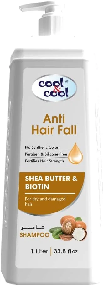 شامپو ضد ریزش مو کول اند کول 1 لیتر، حاوی شی باتر و بیوتین، برای موهای خشک و آسیب دیده، فاقد پارابن و سولفات، مناسب آقایان و بانوان، سفید