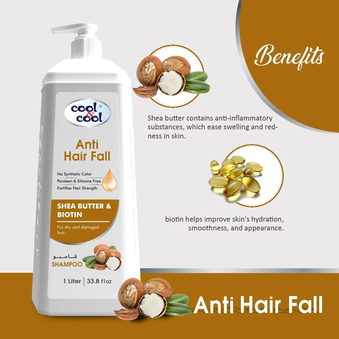 شامپو ضد ریزش مو کول اند کول 1 لیتر، حاوی شی باتر و بیوتین، برای موهای خشک و آسیب دیده، فاقد پارابن و سولفات، مناسب آقایان و بانوان، سفید