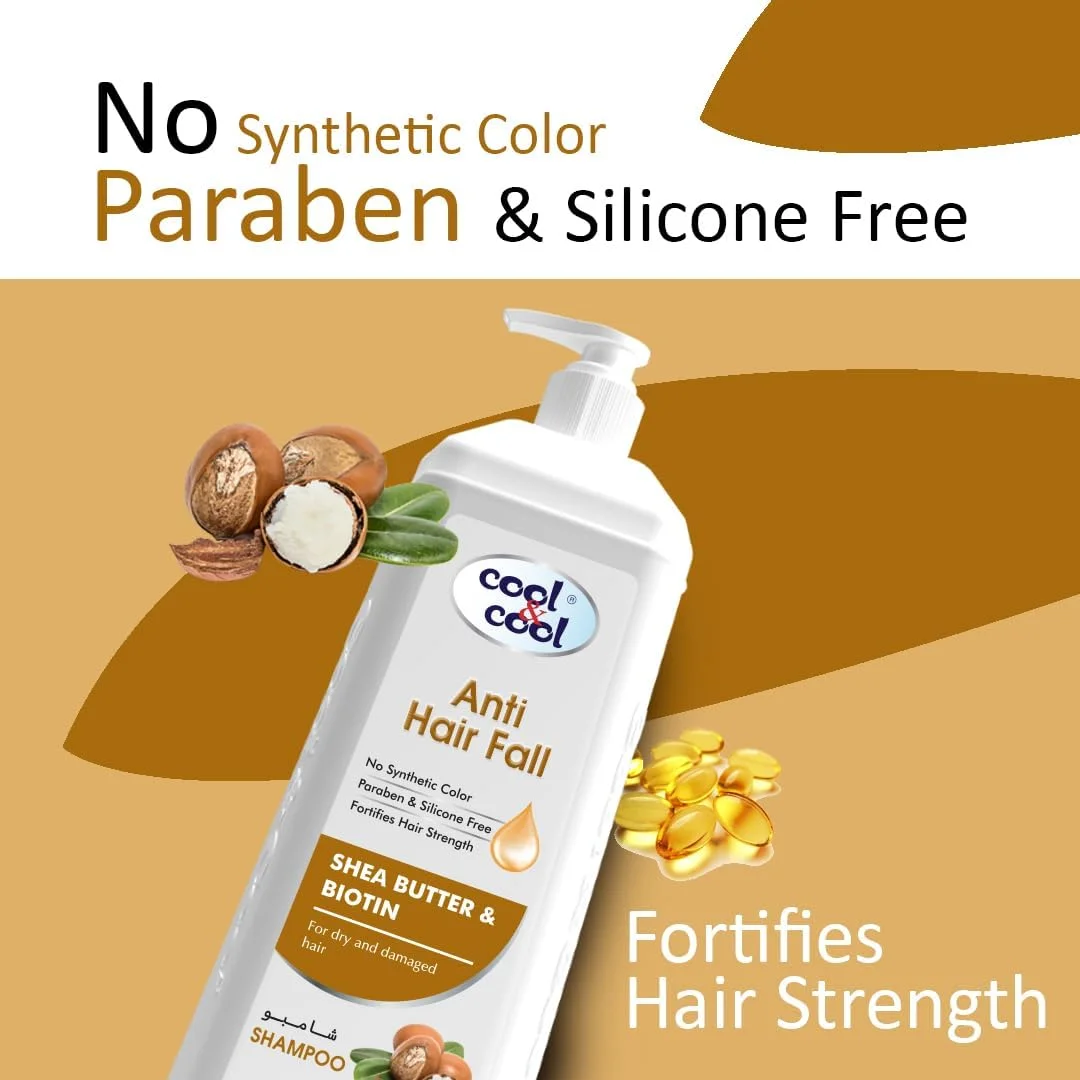 شامپو ضد ریزش مو کول اند کول 1 لیتر، حاوی شی باتر و بیوتین، برای موهای خشک و آسیب دیده، فاقد پارابن و سولفات، مناسب آقایان و بانوان، سفید